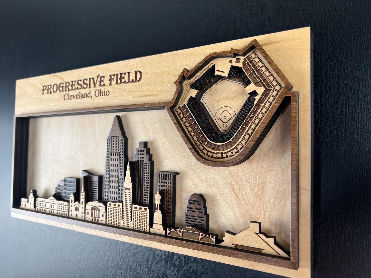 Progressive Field Wood Stadium Art | 3D Cleveland Skyline Sign | Personalized Baseball Fan Gift