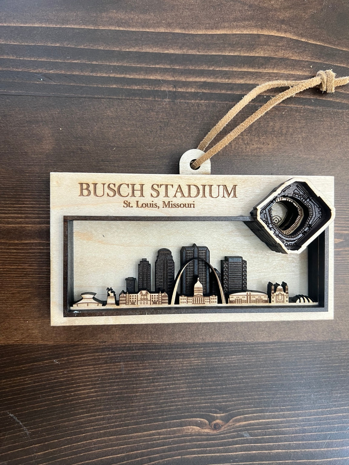 Layered wood Busch Stadium and St. Louis skyline wall art with Gateway Arch