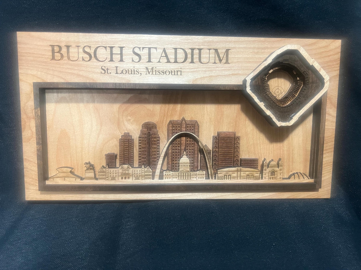 Layered wood Busch Stadium artwork with St. Louis skyline