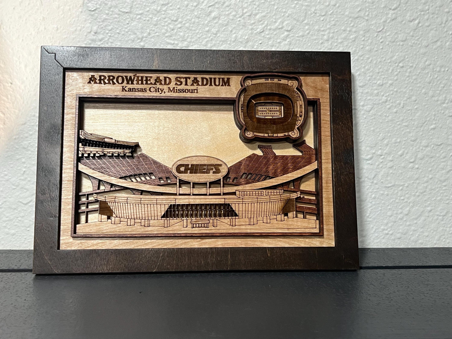 Arrowhead Stadium Wood Art | Kansas City Chiefs 3D Laser Cut Sign 10''x7"