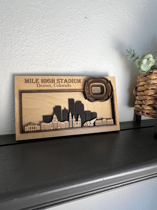 Layered Wood Mile High Stadium Denver Skyline Art, 3D Colorado Sports Decor