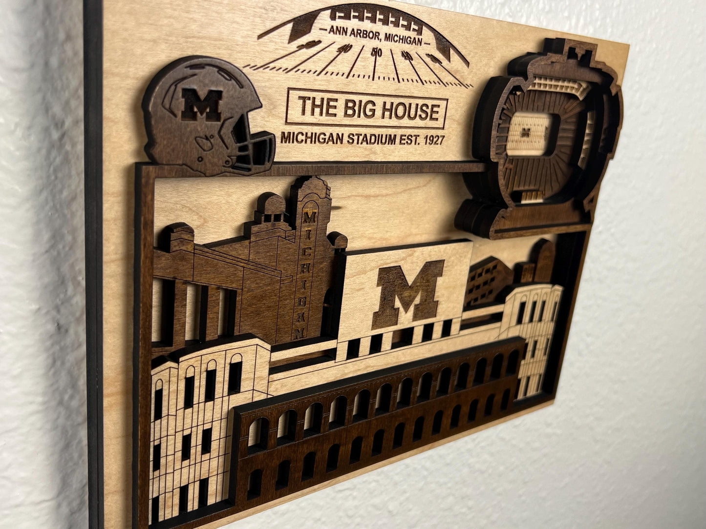 3D Layered Wood Michigan Stadium Wall Art: The Big House Decor