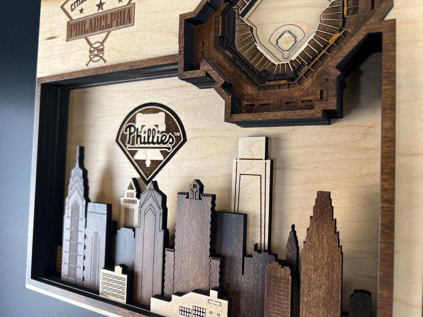 Layered Wood Citizens Bank Park Map, Philadelphia Skyline Art, Phillies Fan Decor
