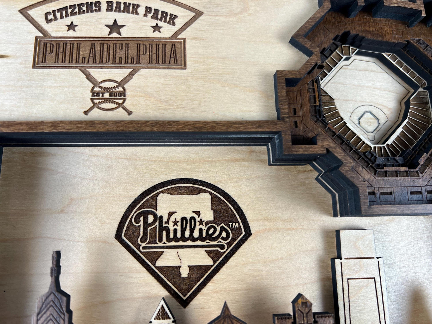 Layered Wood Citizens Bank Park Map, Philadelphia Skyline Art, Phillies Fan Decor