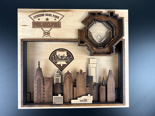 Layered Wood Citizens Bank Park Map, Philadelphia Skyline Art, Phillies Fan Decor