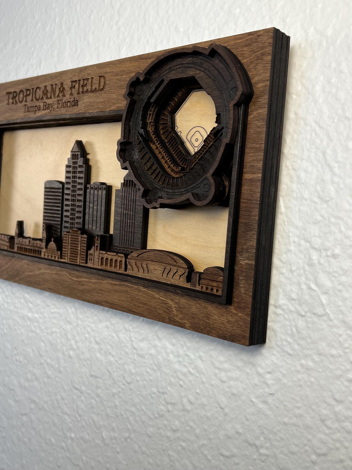 Layered Wood Tropicana Field Stadium Art, Tampa Skyline Wall Decor