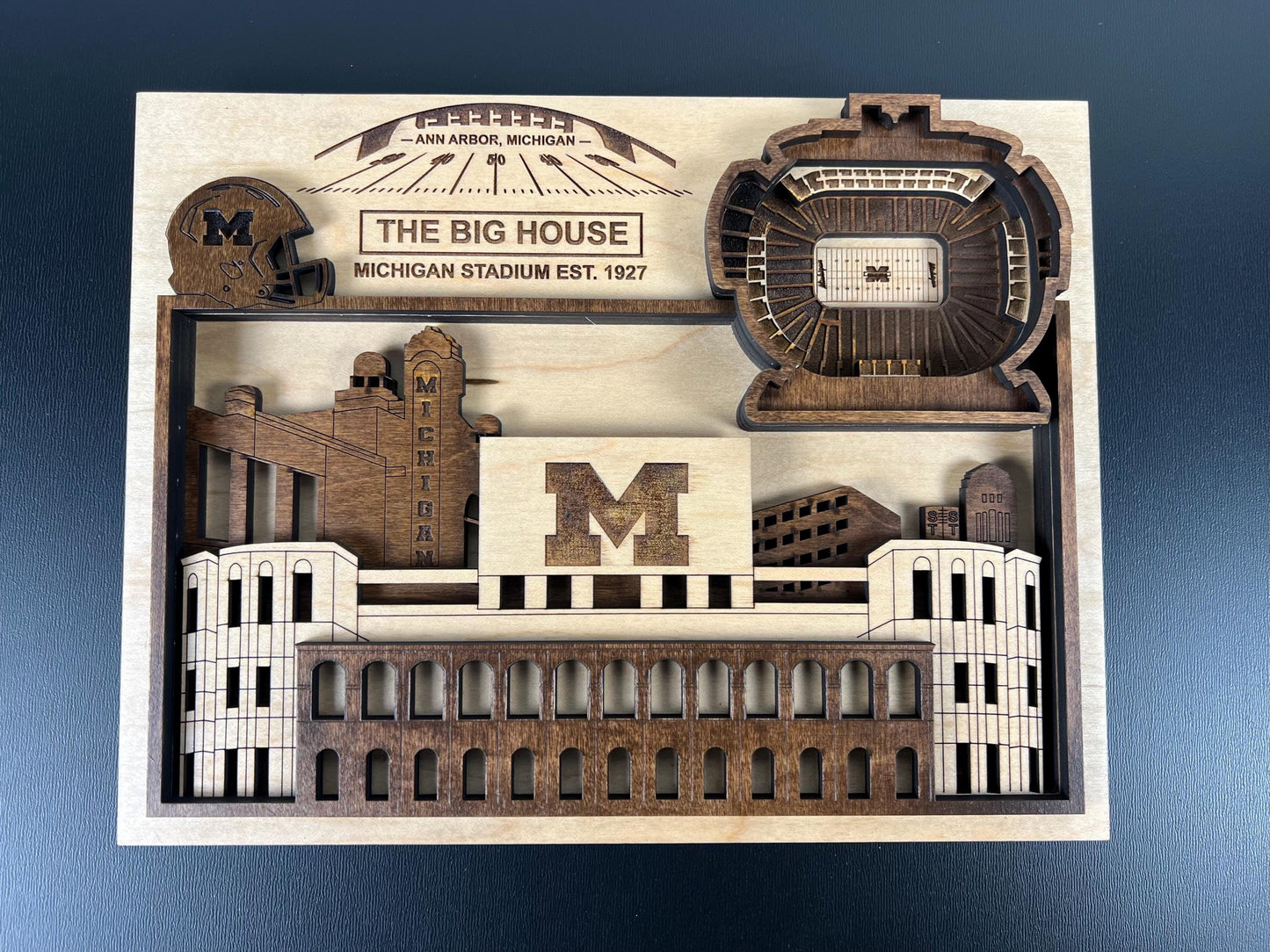 3D Layered Wood Michigan Stadium Wall Art: The Big House Decor