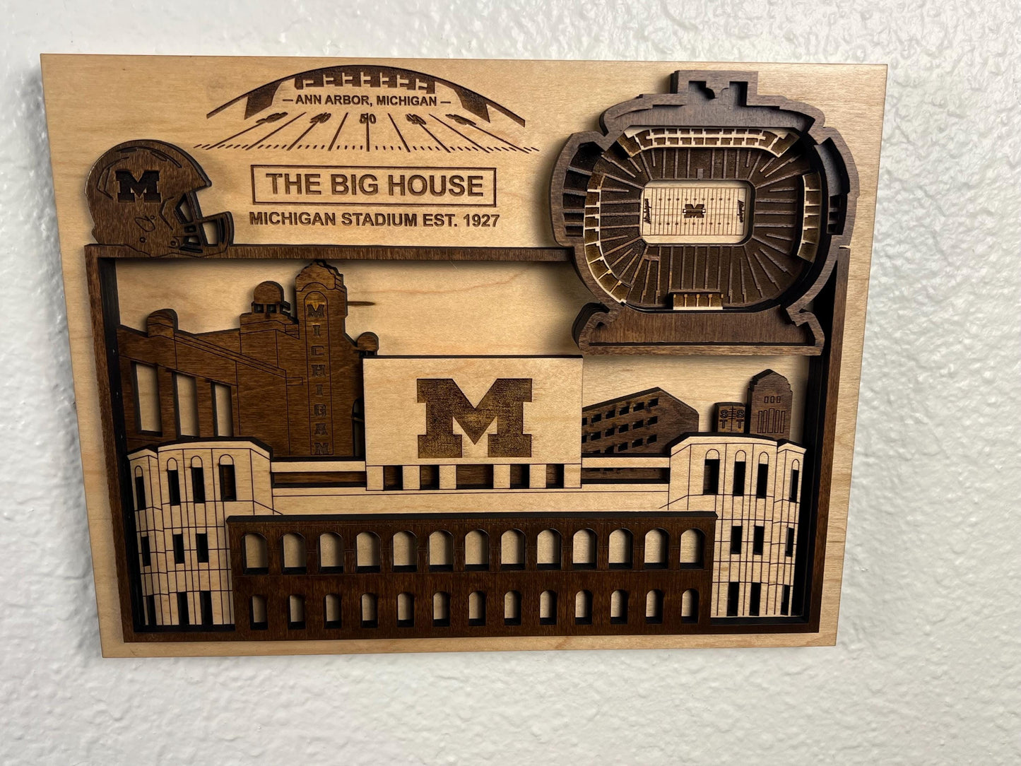 3D Layered Wood Michigan Stadium Wall Art: The Big House Decor