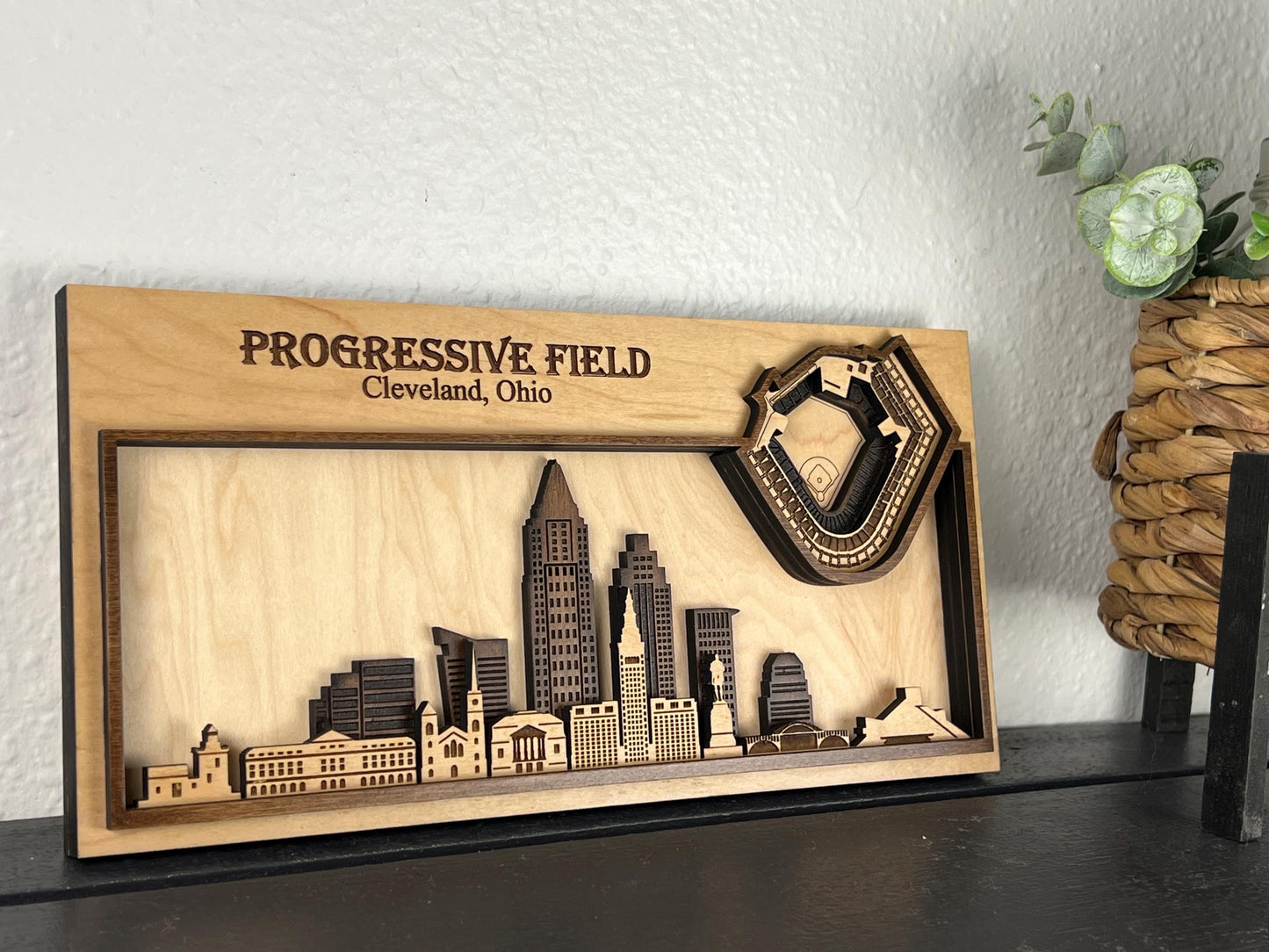 Progressive Field Wood Stadium Art | 3D Cleveland Skyline Sign | Personalized Baseball Fan Gift