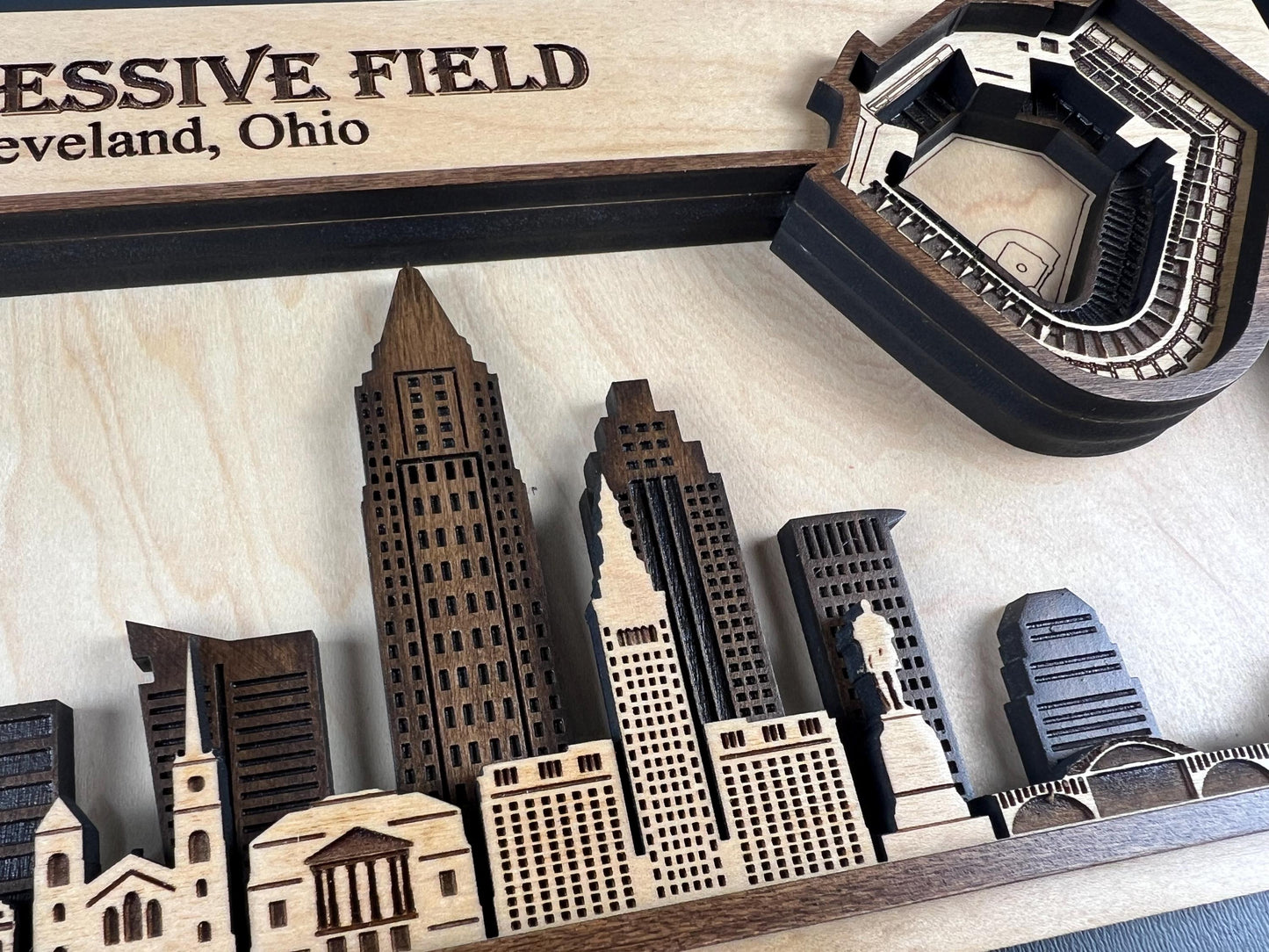 Progressive Field Wood Stadium Art | 3D Cleveland Skyline Sign | Personalized Baseball Fan Gift
