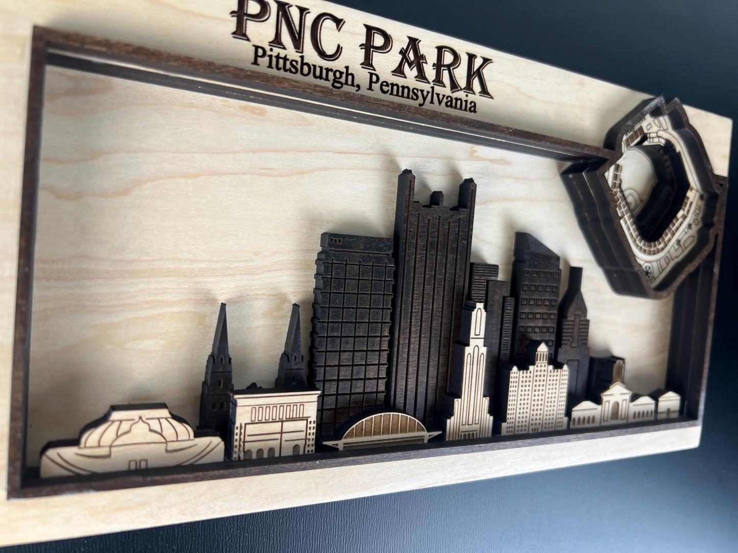 PNC Park Pittsburgh Skyline Wood Art – Layered Laser Cut Stadium Sign