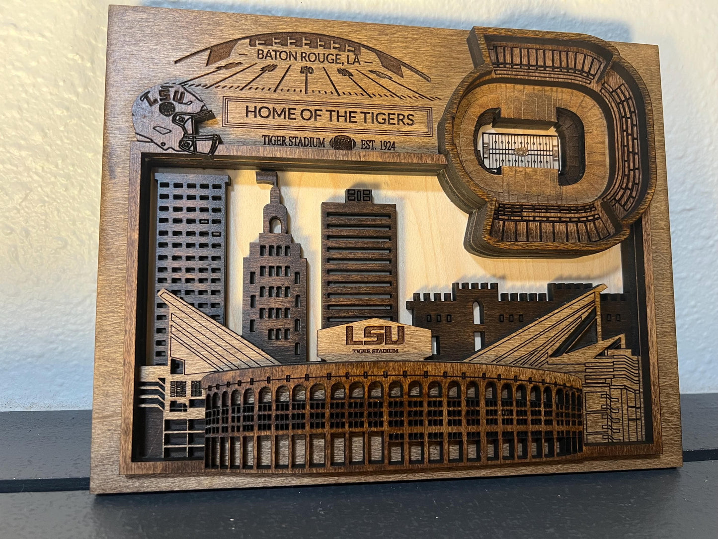 LSU Tigers Stadium Wall Art | 3D Layered Baton Rouge Skyline Wood Sign | Personalized College Football Gift