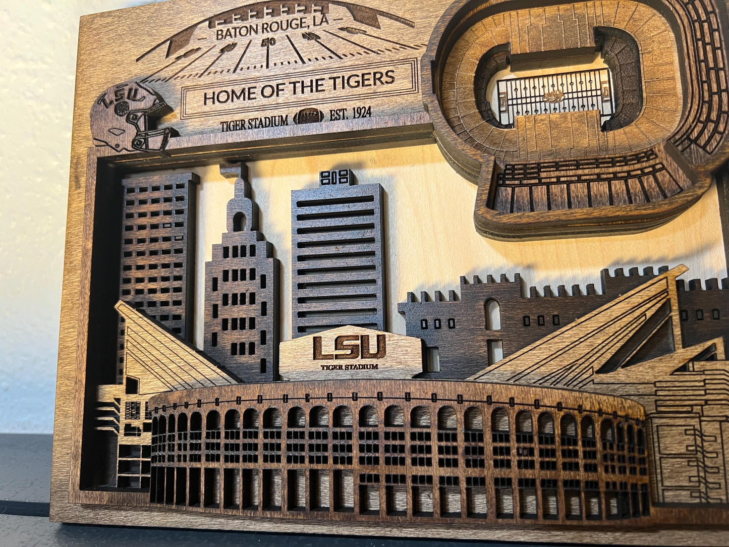 LSU Tigers Stadium Wall Art | 3D Layered Baton Rouge Skyline Wood Sign | Personalized College Football Gift