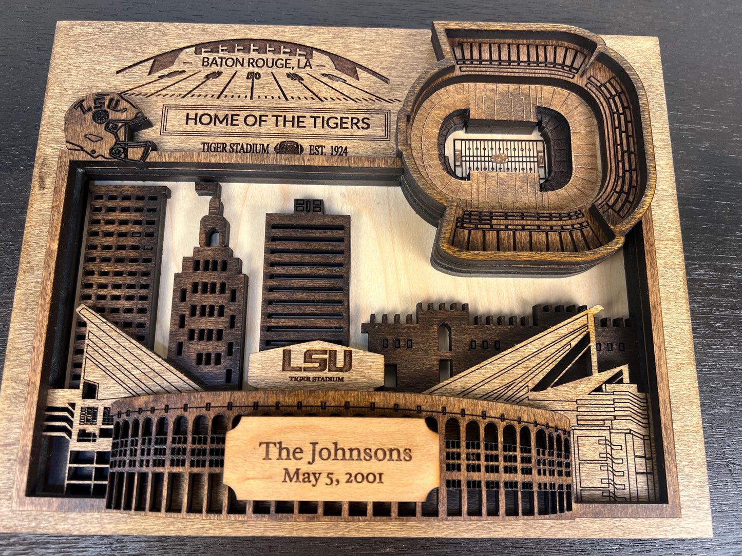 LSU Tigers Stadium Wall Art | 3D Layered Baton Rouge Skyline Wood Sign | Personalized College Football Gift