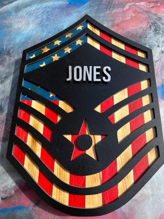 Personalized Senior Master Sergeant Wood Art | Layered American Flag Promotion Gift