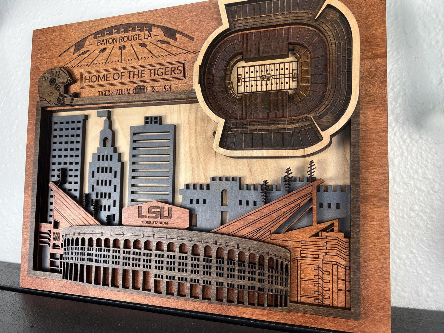 LSU Tigers Stadium Wall Art | 3D Layered Baton Rouge Skyline Wood Sign | Personalized College Football Gift