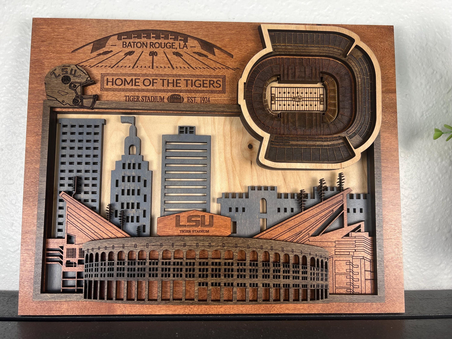 LSU Tigers Stadium Wall Art | 3D Layered Baton Rouge Skyline Wood Sign | Personalized College Football Gift
