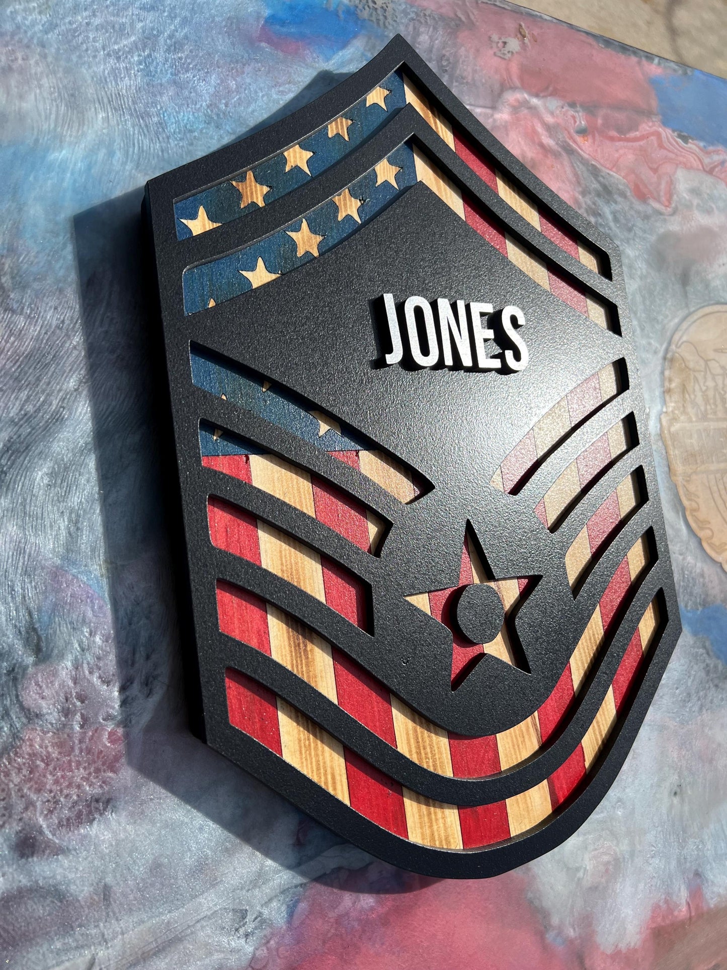Personalized Senior Master Sergeant Wood Art | Layered American Flag Promotion Gift