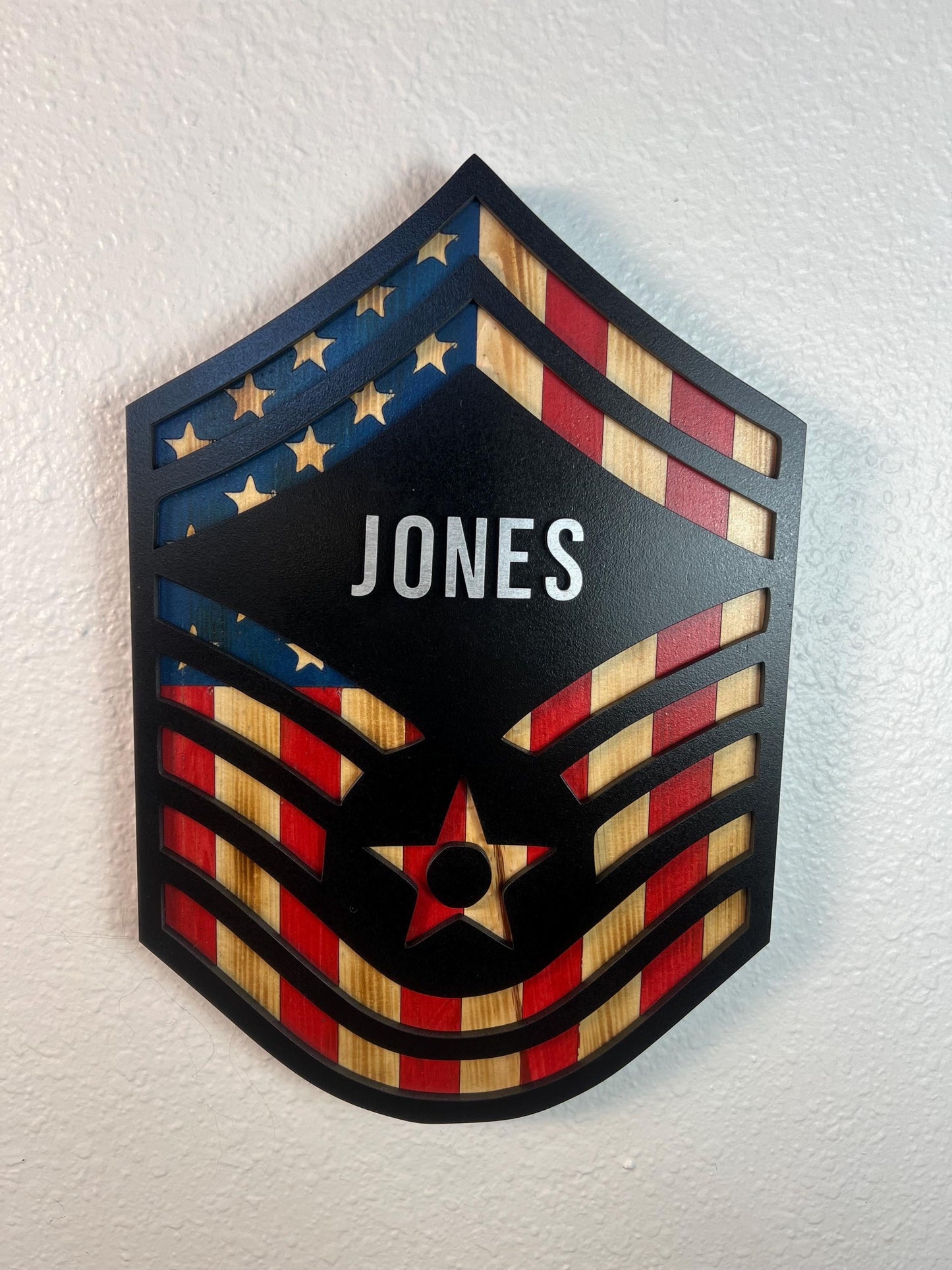 Personalized Senior Master Sergeant Wood Art | Layered American Flag Promotion Gift