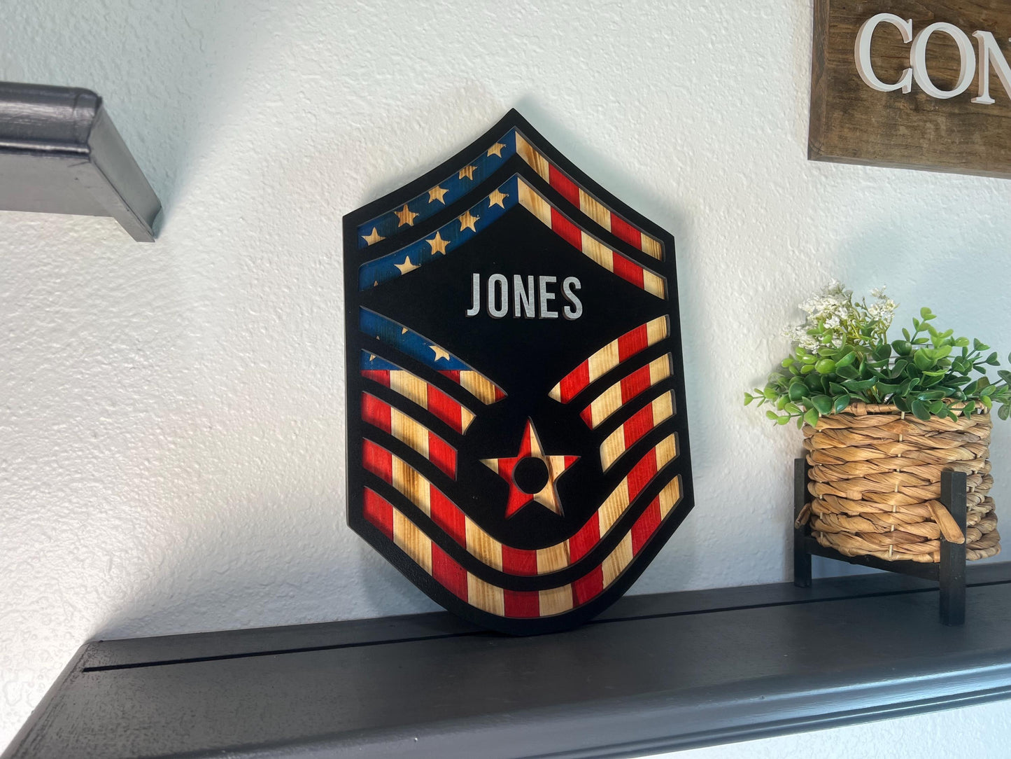 Personalized Senior Master Sergeant Wood Art | Layered American Flag Promotion Gift