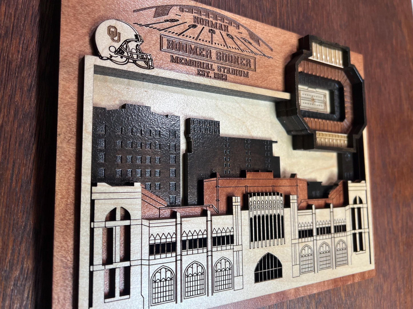 Oklahoma Sooners Stadium Wall Art, 3D Boomer Sooner Memorial Stadium, Handcrafted Wood Decor, OU Football Gift, Fan Cave Decor