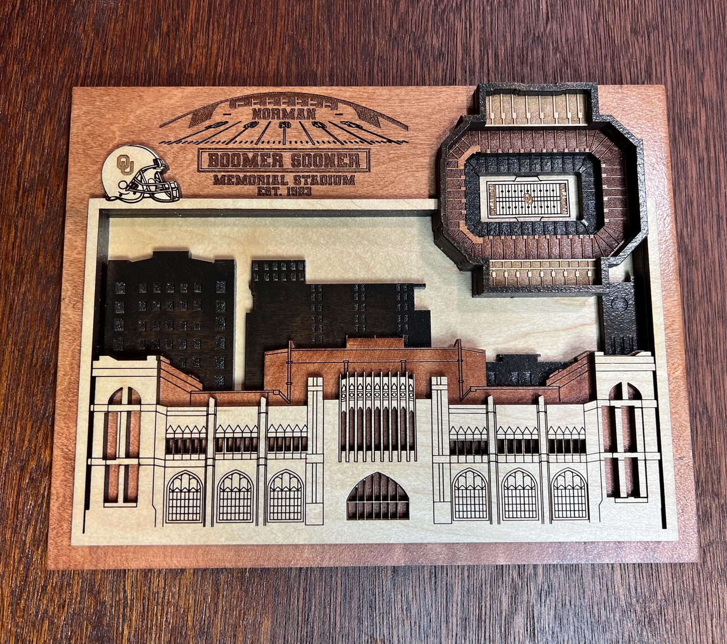 Oklahoma Sooners Stadium Wall Art, 3D Boomer Sooner Memorial Stadium, Handcrafted Wood Decor, OU Football Gift, Fan Cave Decor