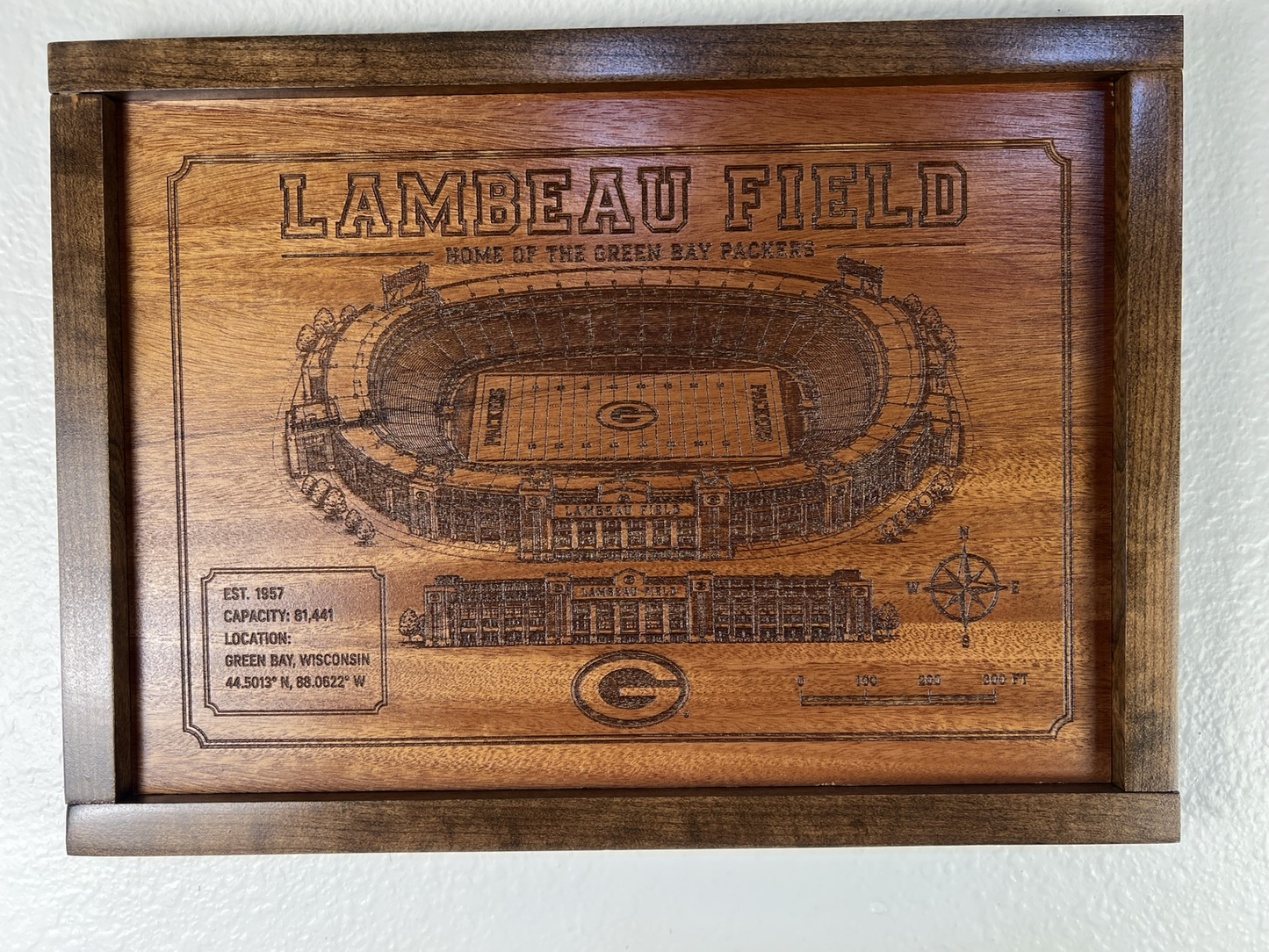 Lambeau Field Wooden Wall Art | Handcrafted Stadium Engraving | Green Bay Packers Fan Gift | Framed Wood Decor | Veteran Made