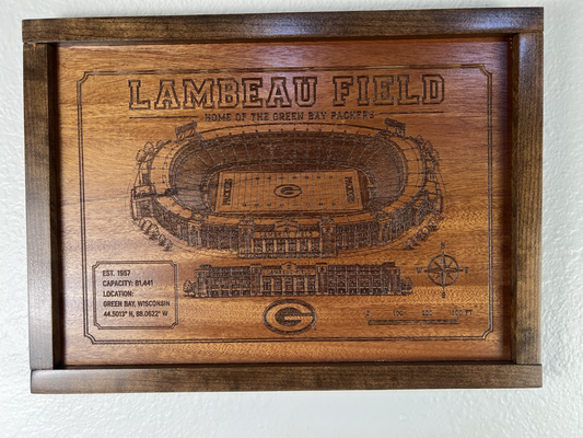 Lambeau Field Wooden Wall Art | Handcrafted Stadium Engraving | Green Bay Packers Fan Gift | Framed Wood Decor | Veteran Made